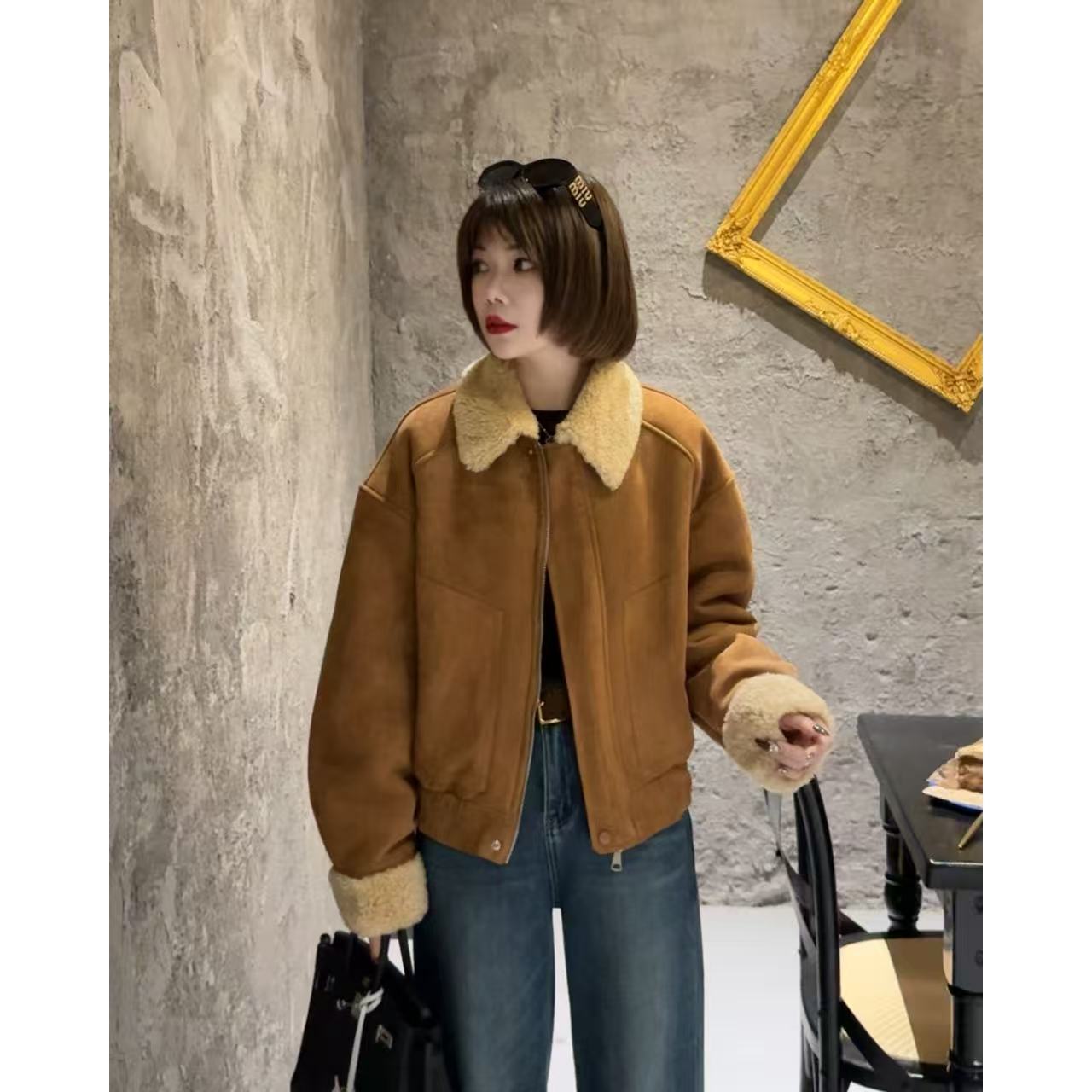 MY【雪顶咖啡】冬季新款韩系复古老钱翻领肌理感废土风皮毛一体外套