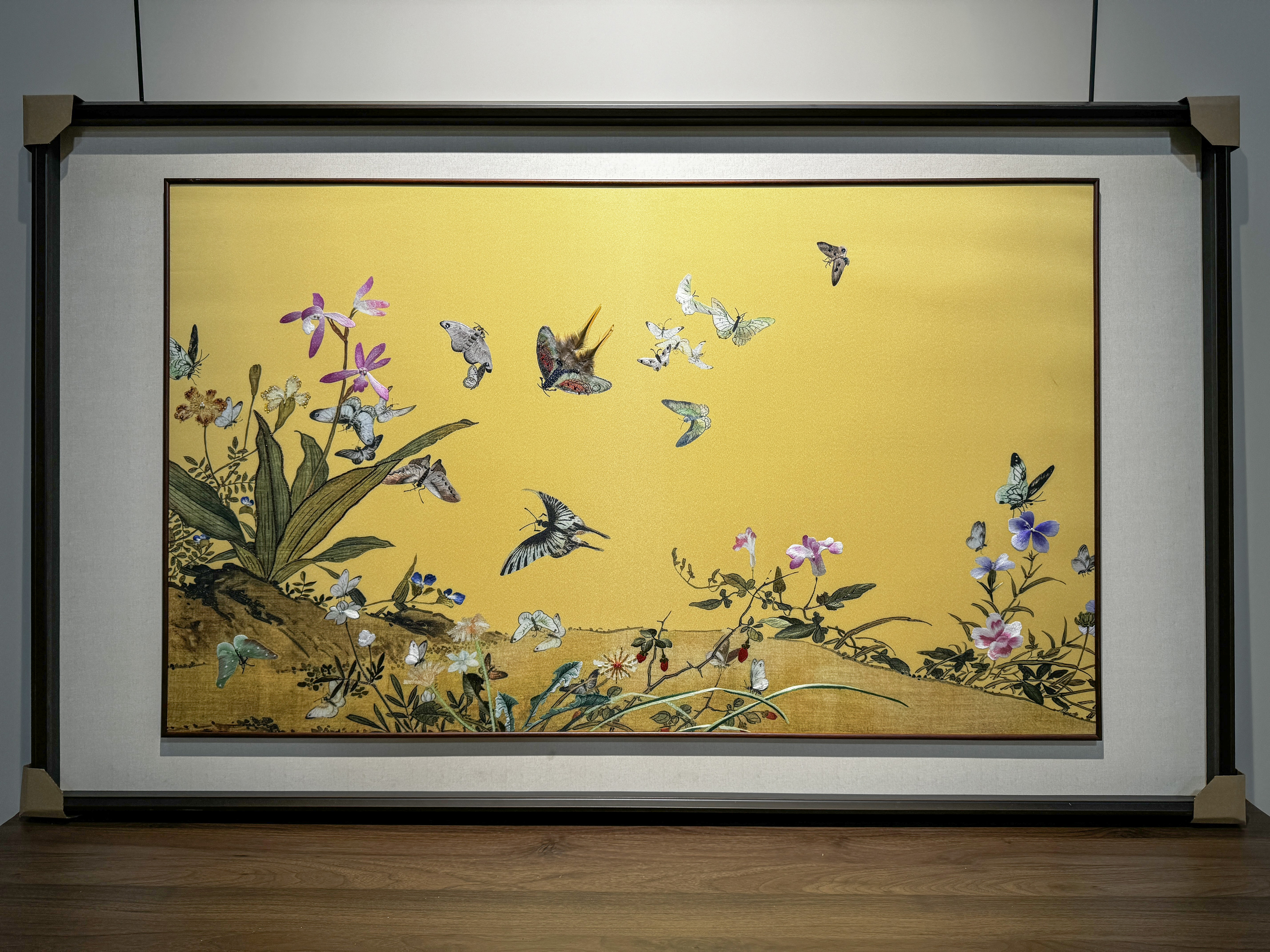 【百蝶图】纯手工刺绣（苏绣+手绘）中古风精品茶室背景画芯70*120cm