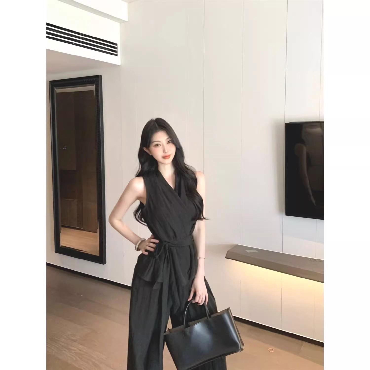 2025收腰亚麻新中式上衣宽松阔腿裤套装女