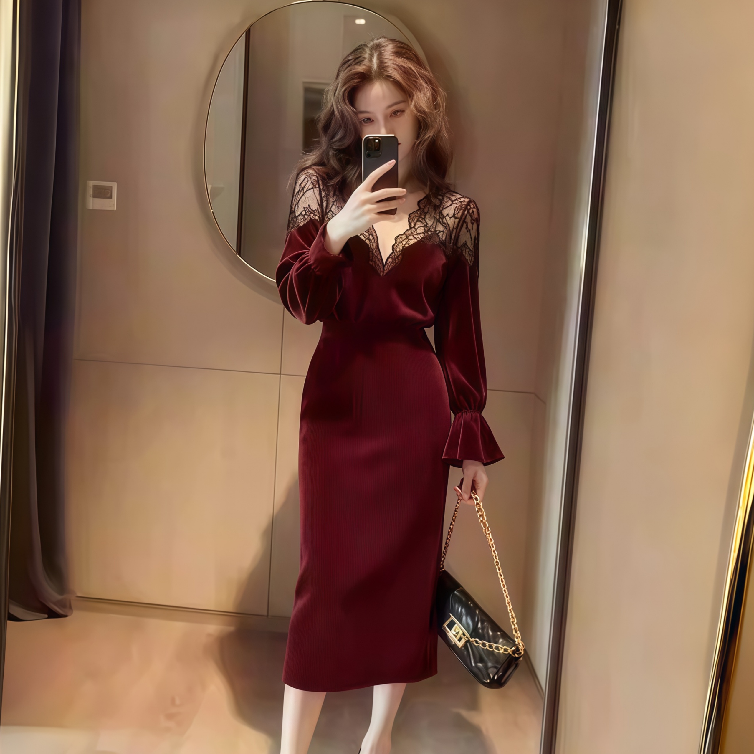 法式气质女蕾丝拼接丝绒连衣裙2025秋冬新款轻熟风高级感掐腰裙子