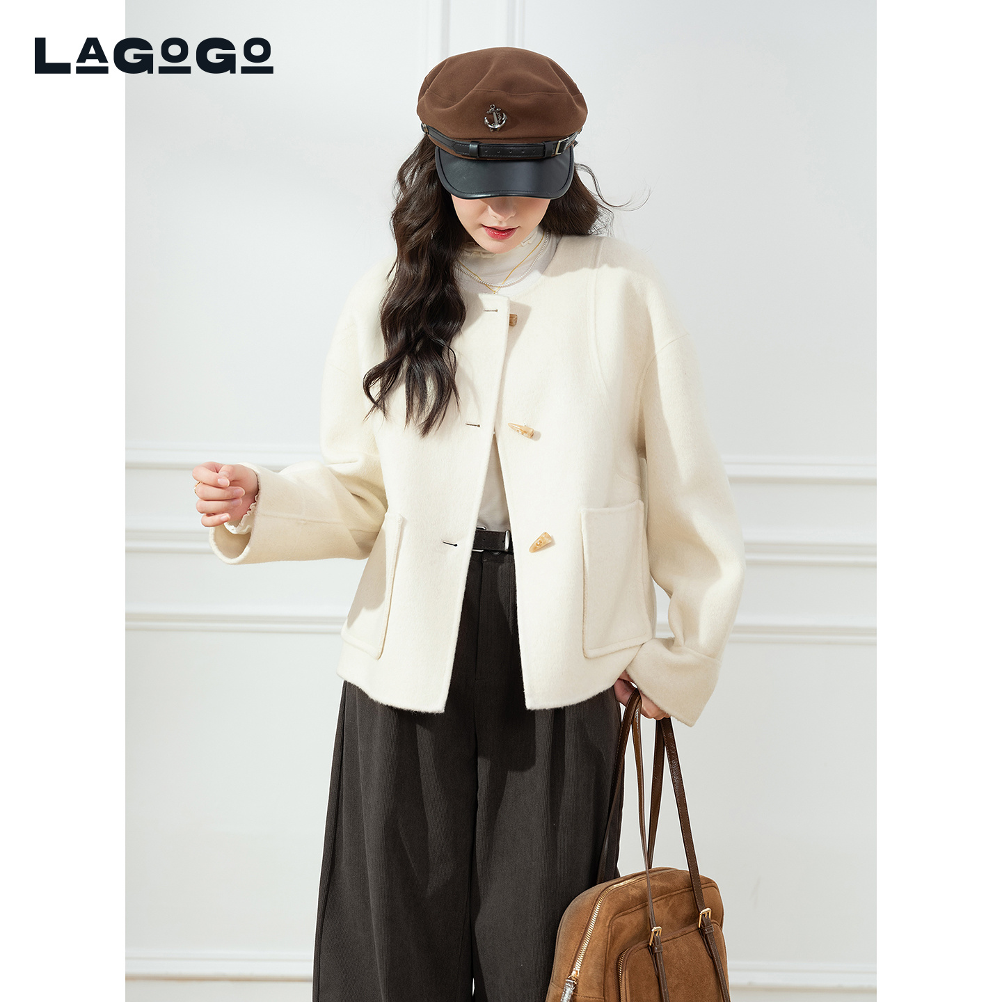 lagogo拉谷谷2025年新款优雅小香风宽松双面呢外套女OCWW539K24