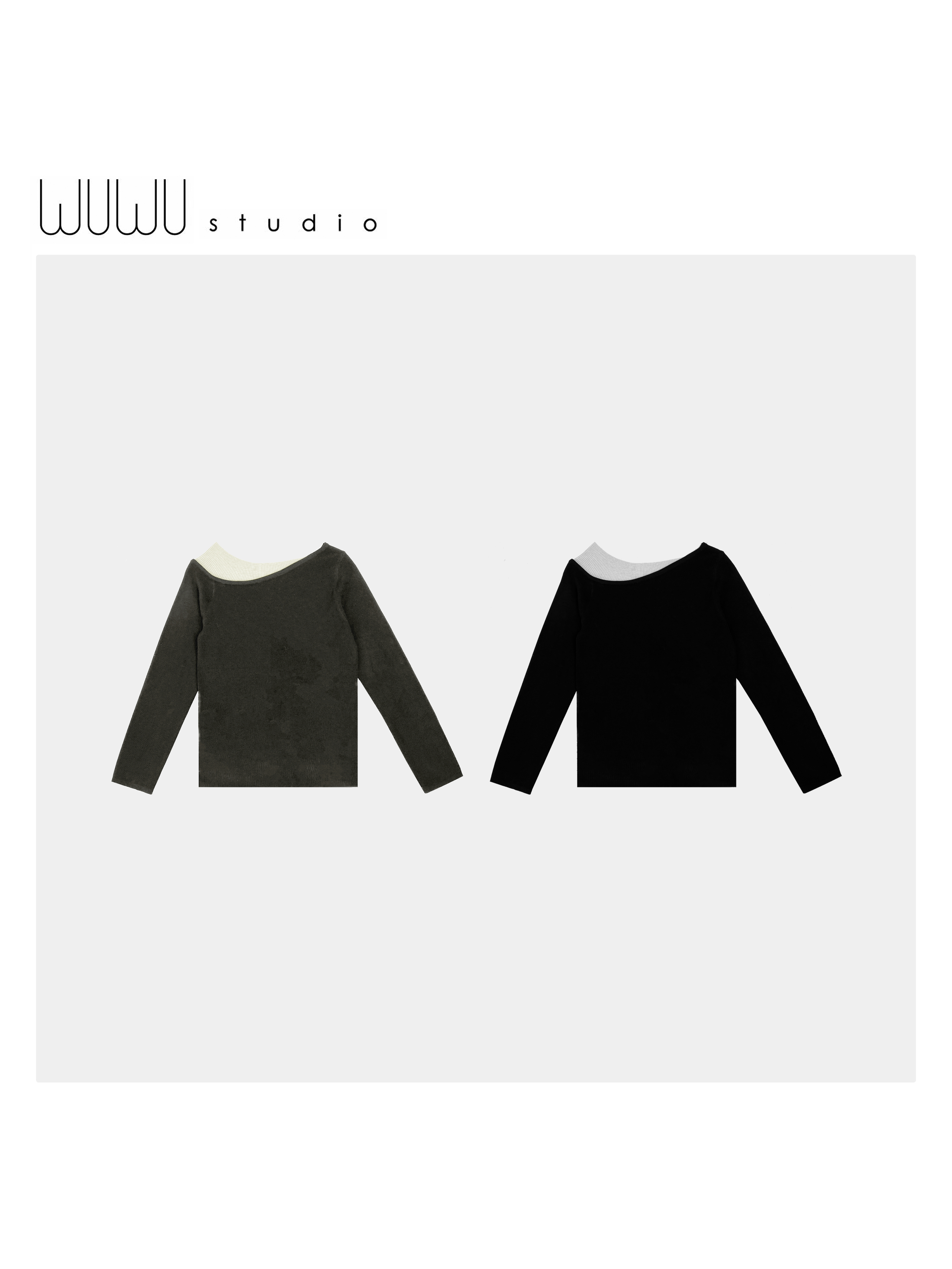 WUWU STUDIO【波塔】极简气质感前后可穿拼接假两件斜肩针织衫3569