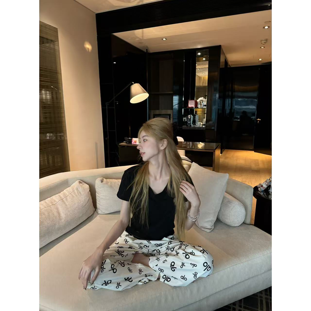 【思琦定制】新款韩版时尚百搭直筒裤女宽松休闲阔腿长裤子+上衣