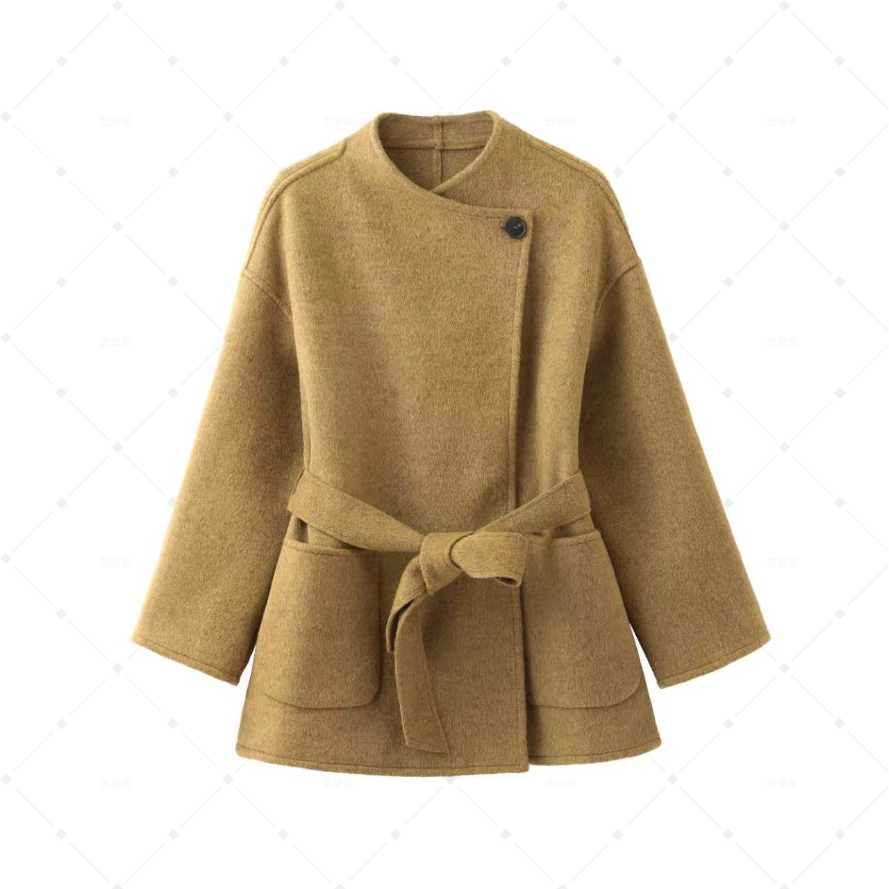 排扣毛呢外套可拆毛袖双面呢外套外套网红秋冬