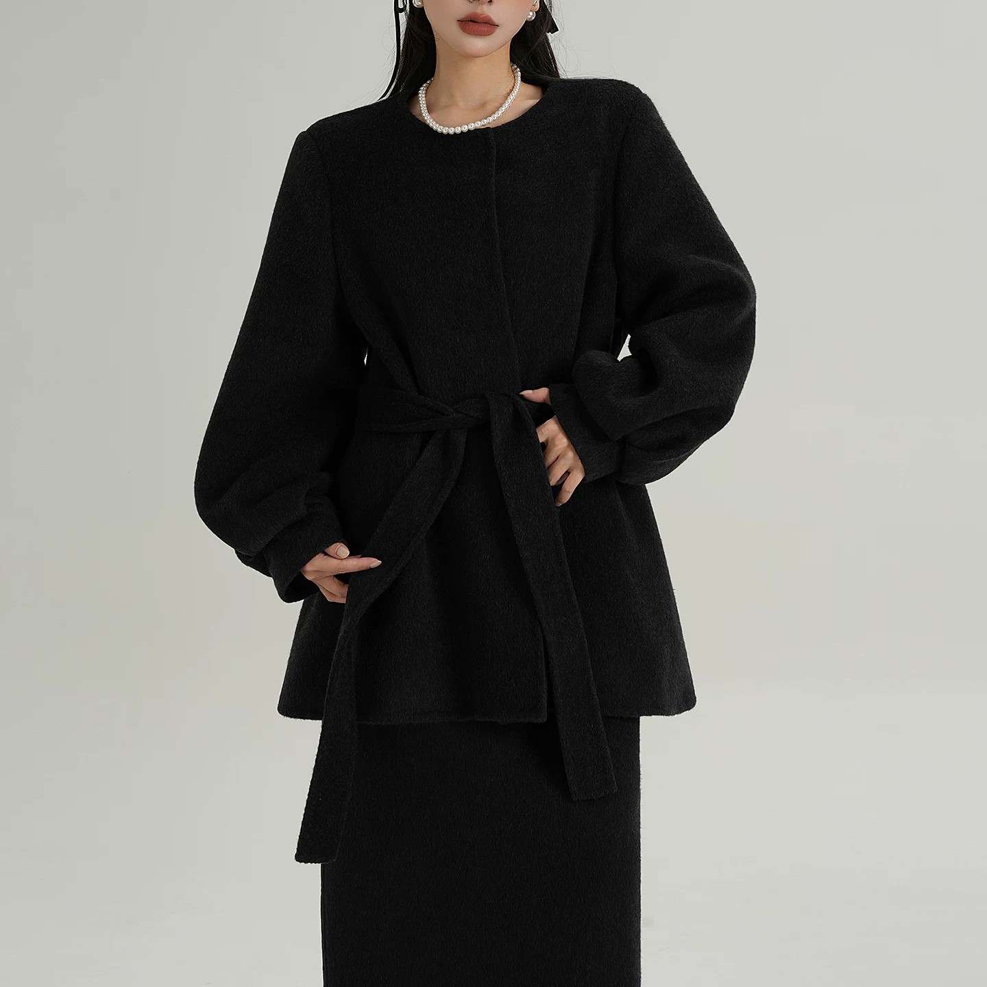 韩版灯笼袖系带收腰大衣女款冬季气质时尚显瘦加厚毛呢外套