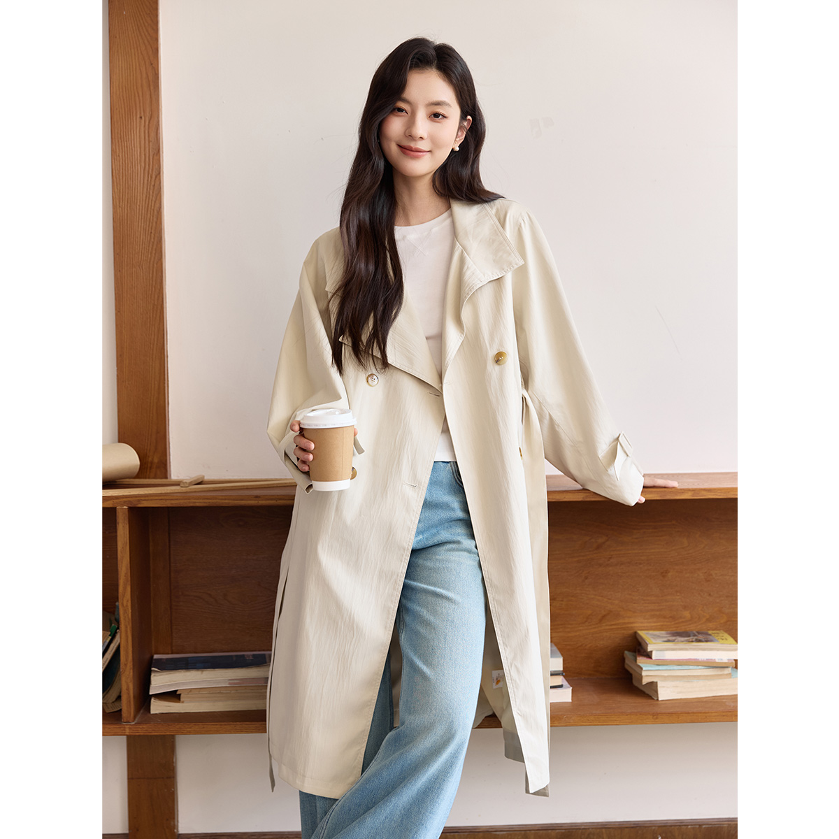 茵曼2025秋季新款优雅简约时尚百搭风衣女率性气质收腰中长款外套