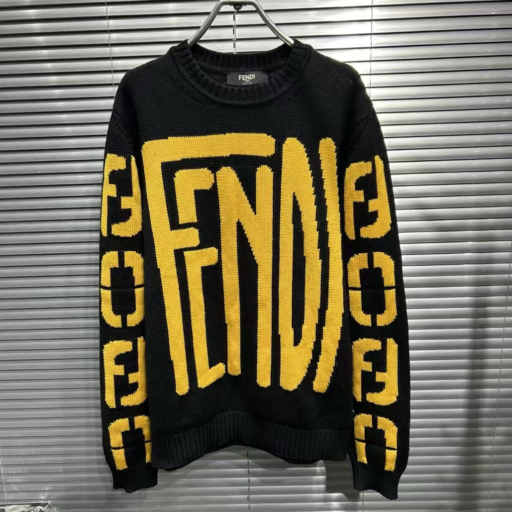 99新 FENDI/芬迪 黑黄双袖字母针织毛衣/48码