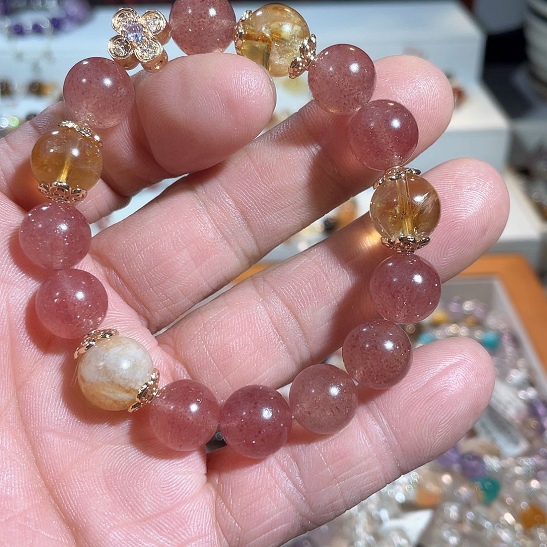 黄晶手链未镶嵌配草莓晶手串