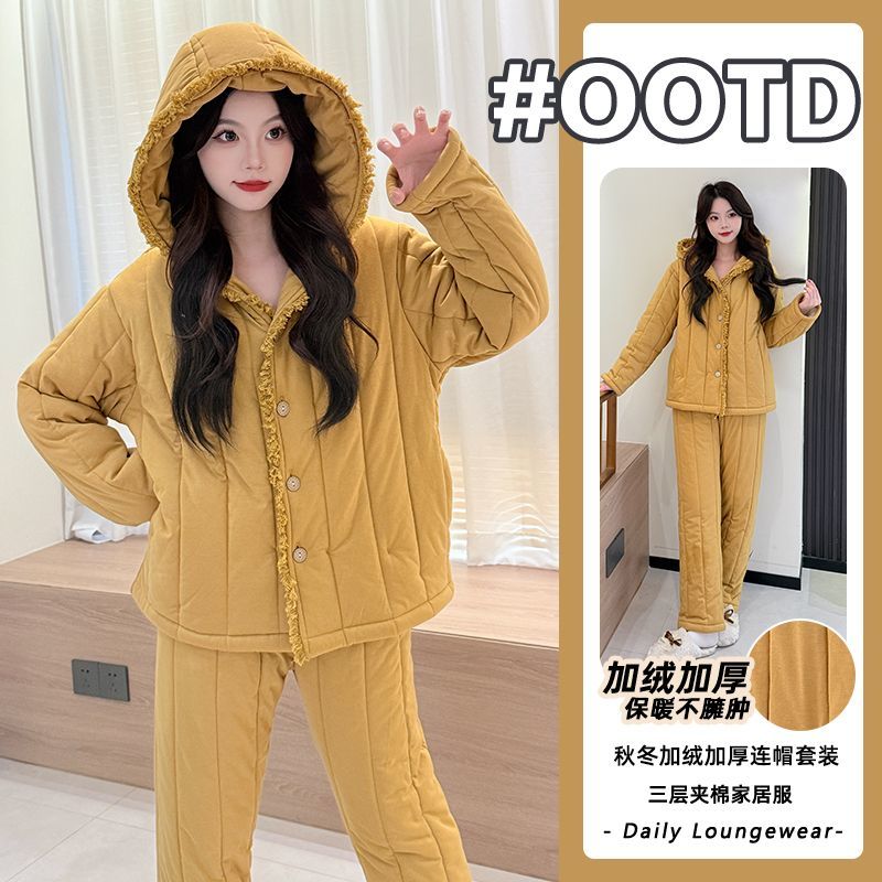 橘黄色睡衣女冬季三层夹棉变态厚保暖舒适柔软家居服两件套外穿