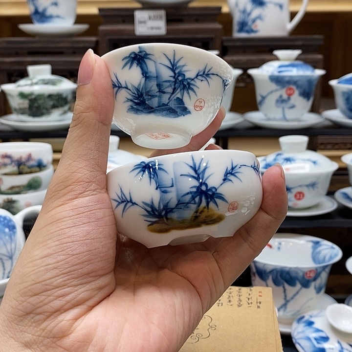 手绘竹子主人杯65cc➕客杯釉下彩微瑕福利款
