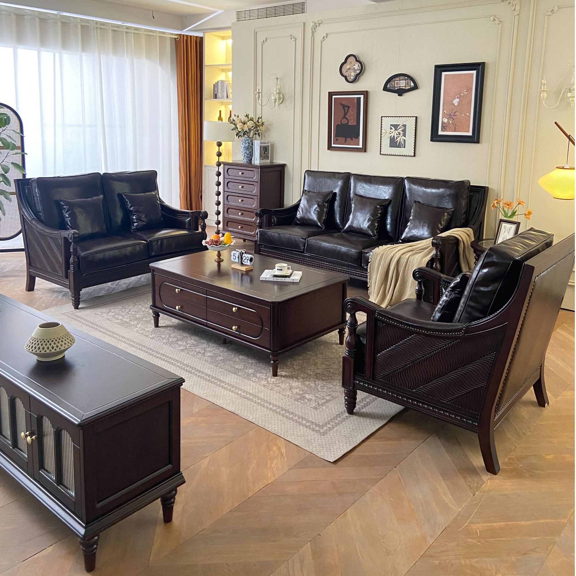 法式实木古典真皮沙发组合客厅别墅复古风雕花奢华皮艺沙发