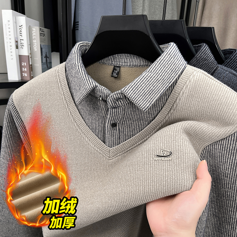 雅鹿男装纯色保暖字母冬季针织毛衣针织衫加厚假两件长袖时尚