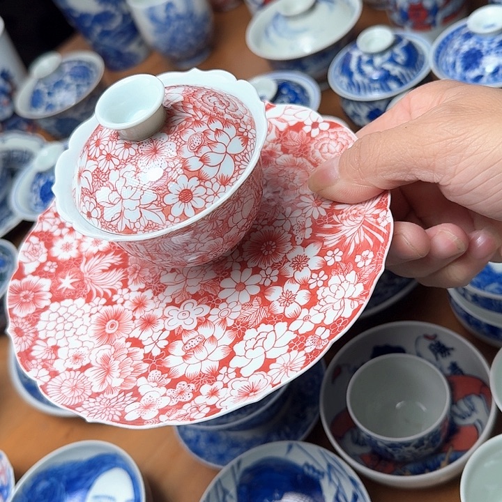 陶手绘万花三才盖碗