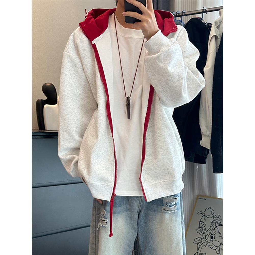 白花灰美式cleanfit短款开衫卫衣男秋季miu系高级感痞帅撞色外套