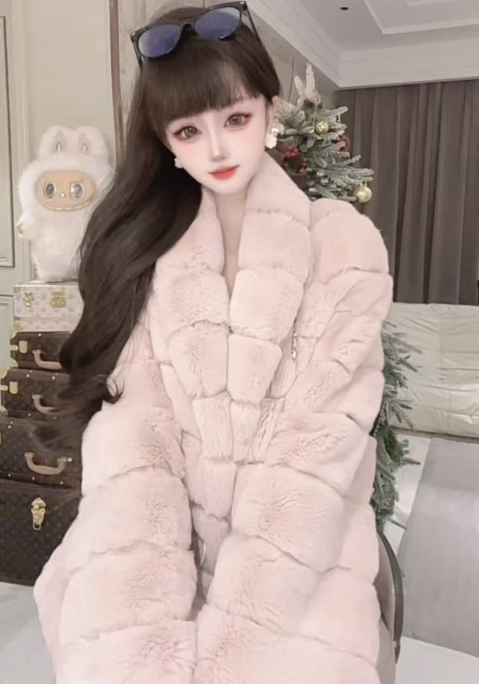 2025青紫蓝新款冬季中长款粉色翻领外套