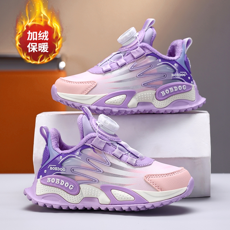 巴布豆女童鞋秋冬防水皮面加绒保暖二棉鞋中大童女孩户外运动跑鞋