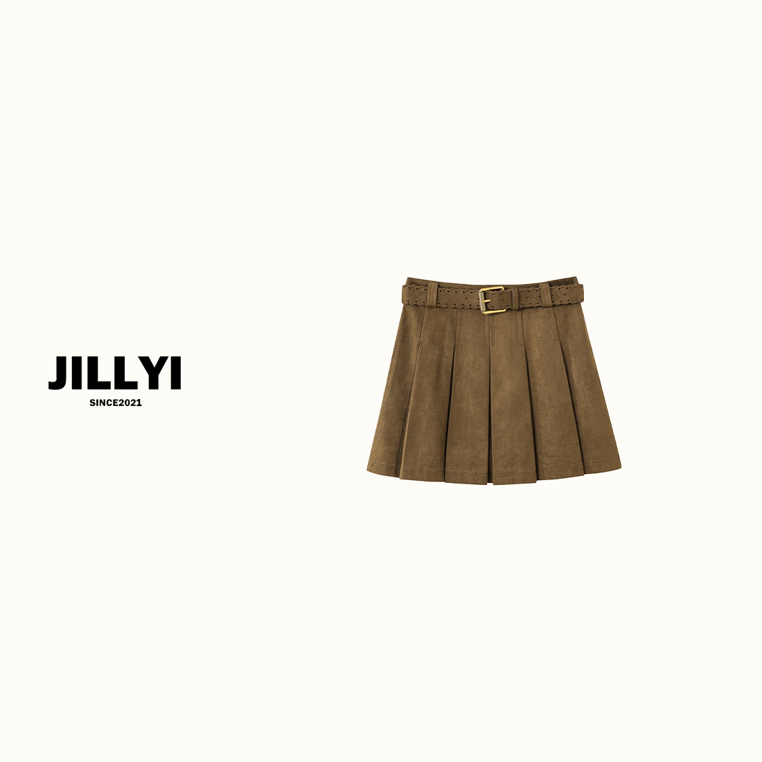 JILLYI【蜜糖红茶】棕色高腰时尚百褶半身裙秋季显瘦百搭