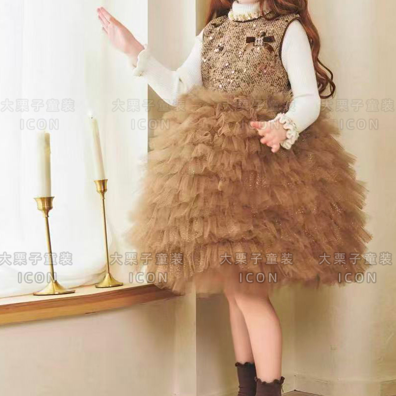 女童蛋糕裙公主裙秋冬新款小香风连衣裙儿童洋气生日礼服亮片裙子