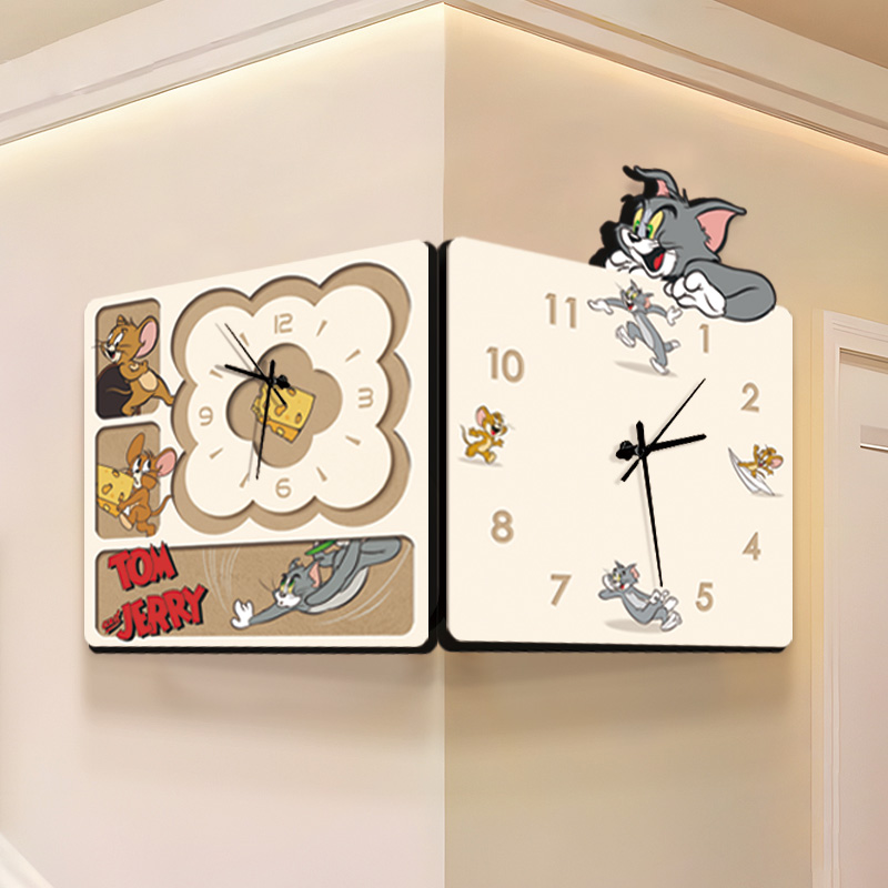 猫和老鼠风格电表箱装饰画遮挡电闸盒转角双面时钟网红现代挂钟
