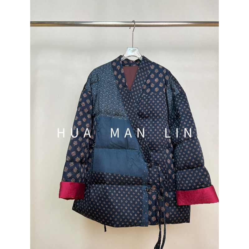 【花满林】V领盘扣流苏拼色香云纱真丝桑蚕丝填充物鹅绒羽绒服25276