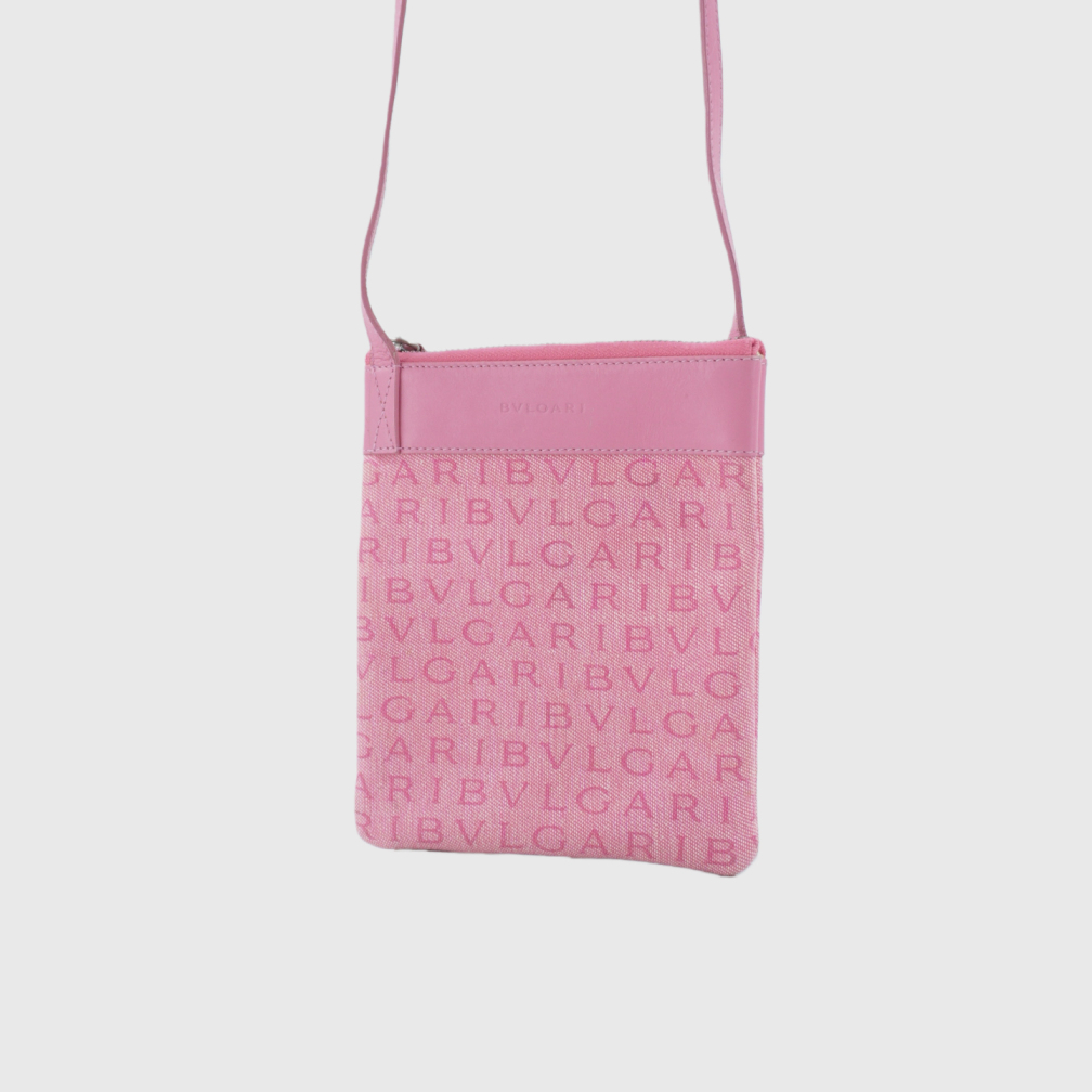95新 BVLGARI/宝格丽 二手粉色帆布手机斜挎包K48869