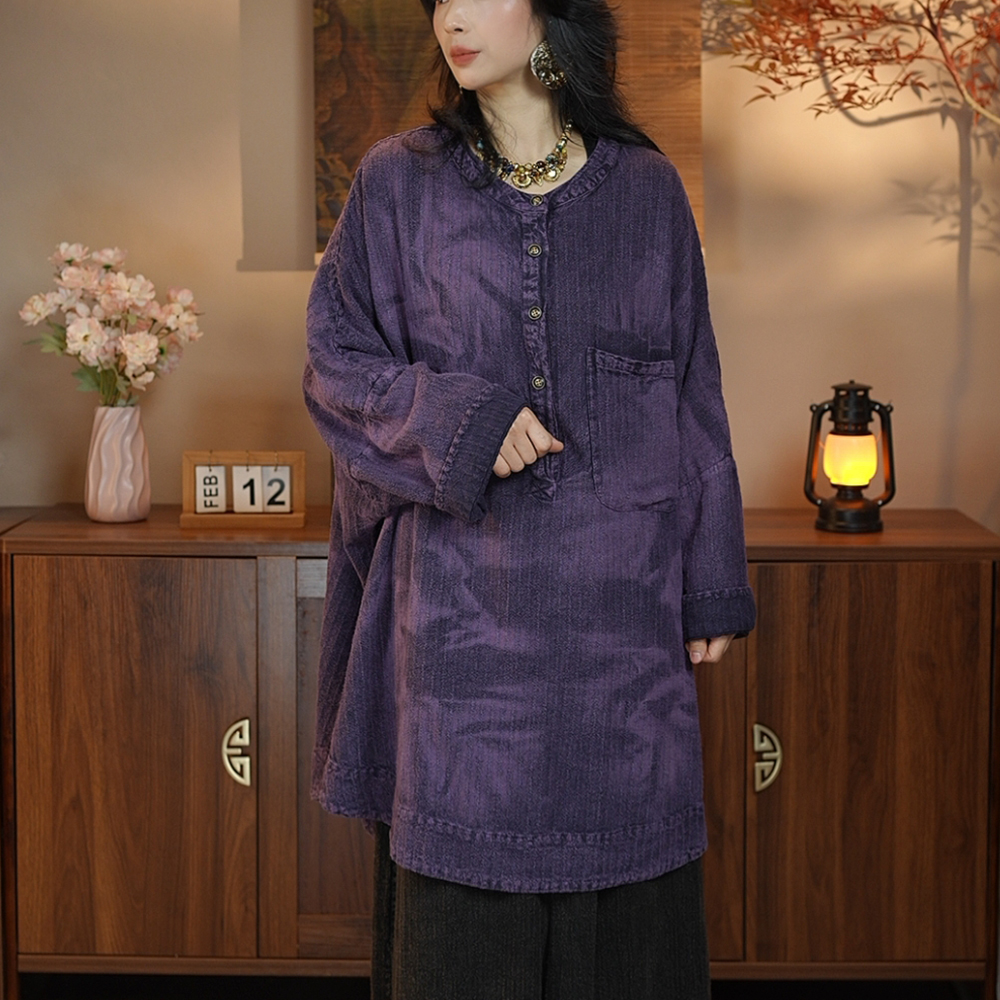 春秋女装上衣新款复古文艺亚麻水洗炒色小众圆领五粒扣中长款衬衫