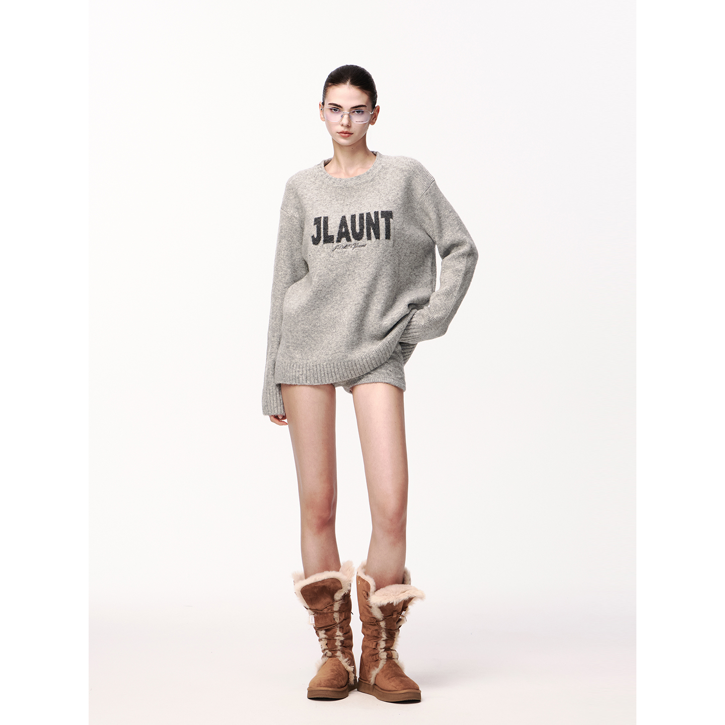 JLAUNT 灰色毛衣女秋季设计感宽松慵懒风美式辣妹套头针织衫上衣