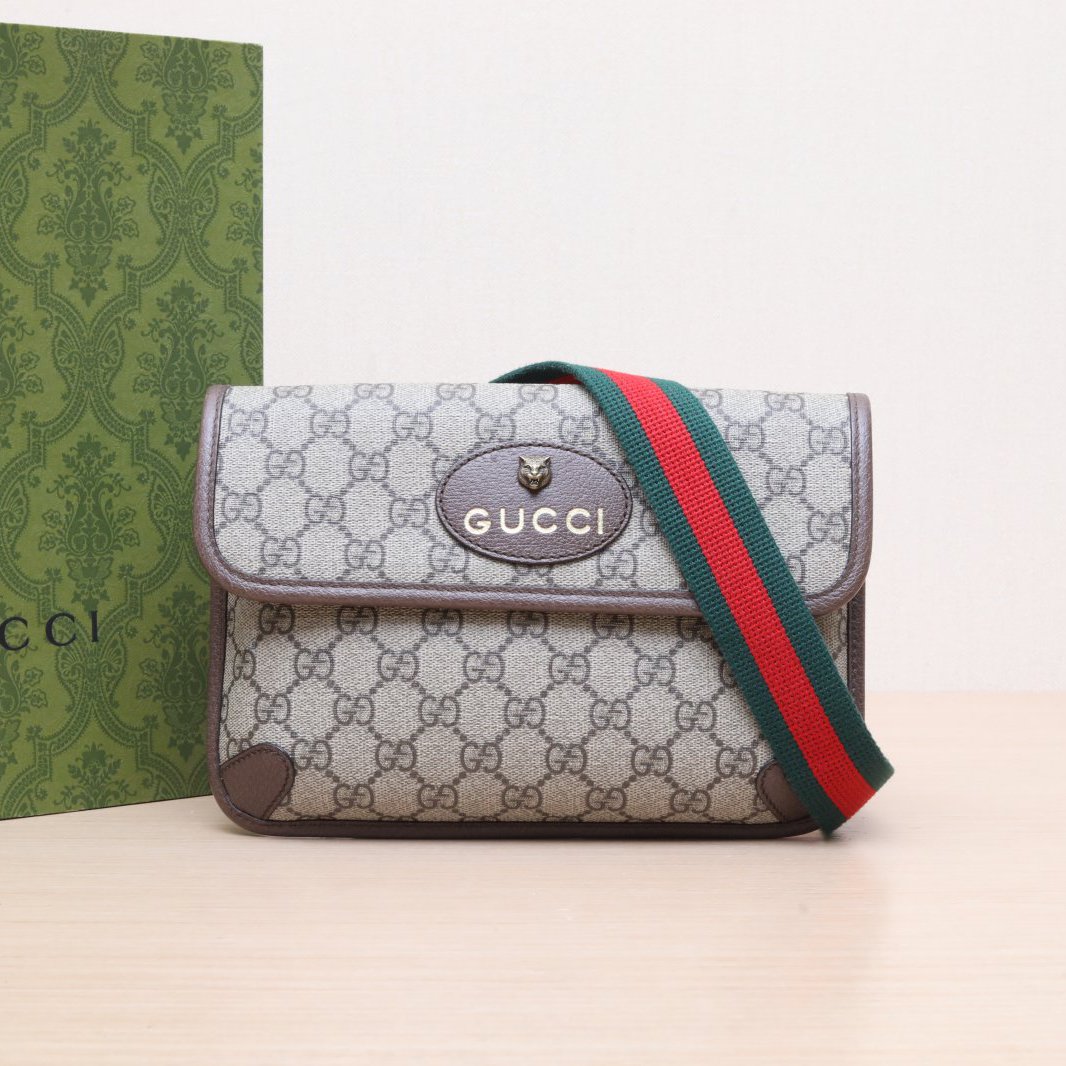 95新 GUCCI/古驰 斜挎包虎头 腰包 24 乌木色 PVC 老花P205639002