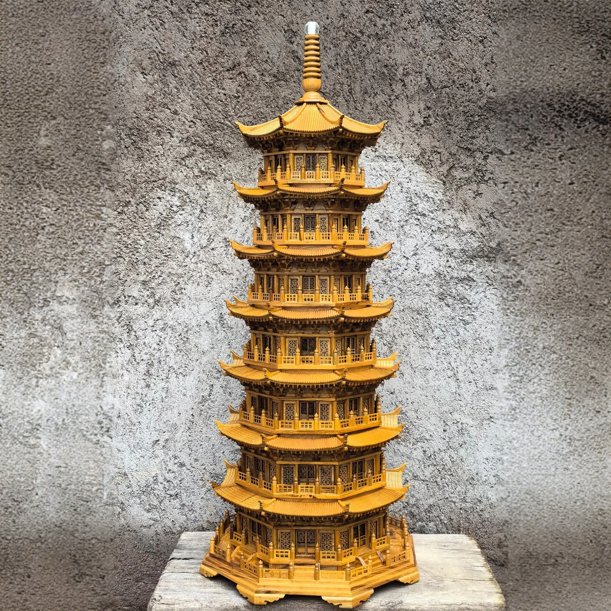 中式东阳木雕七层八角玲珑木塔摆件