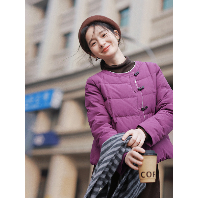 红念白鸭绒紫色羽绒服女短款小个子2025冬季新款女装气质外套上衣