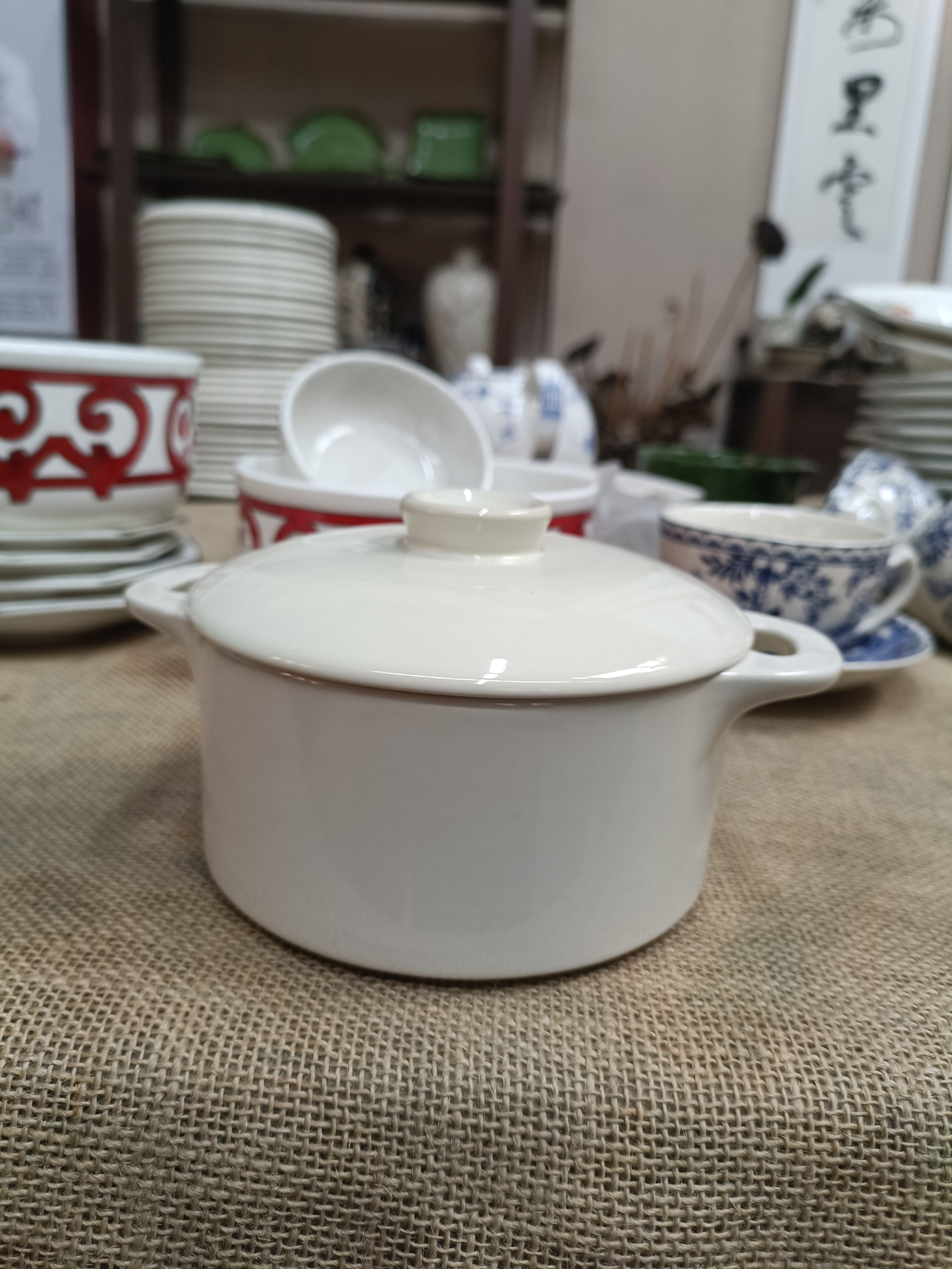 磁州窑出口尾货盖锅一套《遐思品介意》