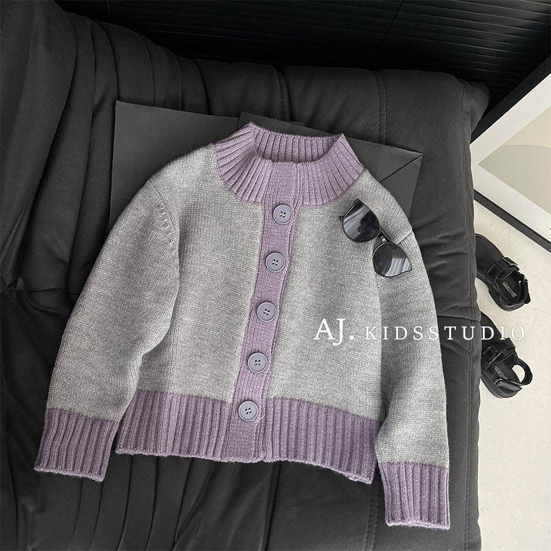 韩版女童毛衣短款拼接针织衫纯色撞色拼色毛衣圆领休闲风儿童