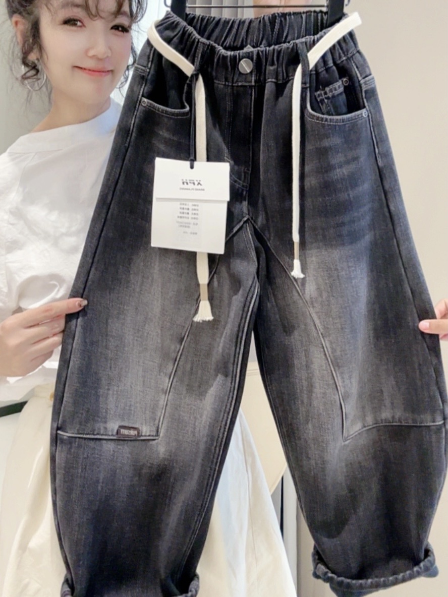 {加绒加厚}2025秋冬儿童时尚洋气韩版潮款宽松一体绒牛仔长裤