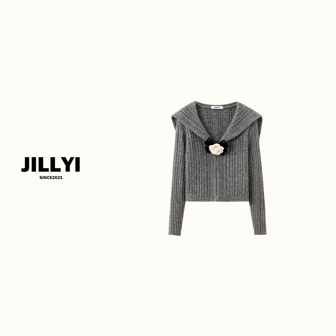 JILLYI珠海店【月影茶花】两色海军领山茶花少女风时尚百搭针织上衣