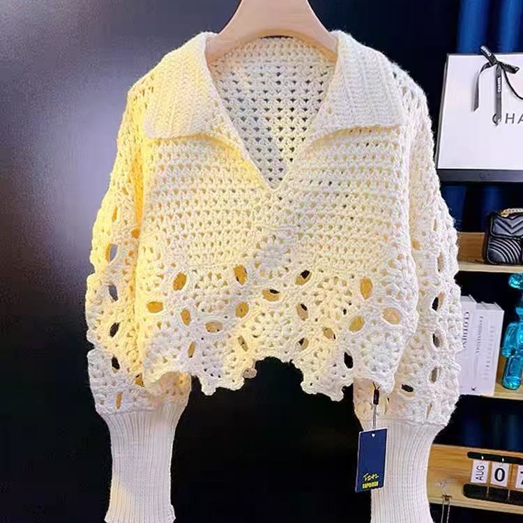 137号 手工棒针织短款小香风复古慵懒风翻领纯色镂空长袖毛衣
