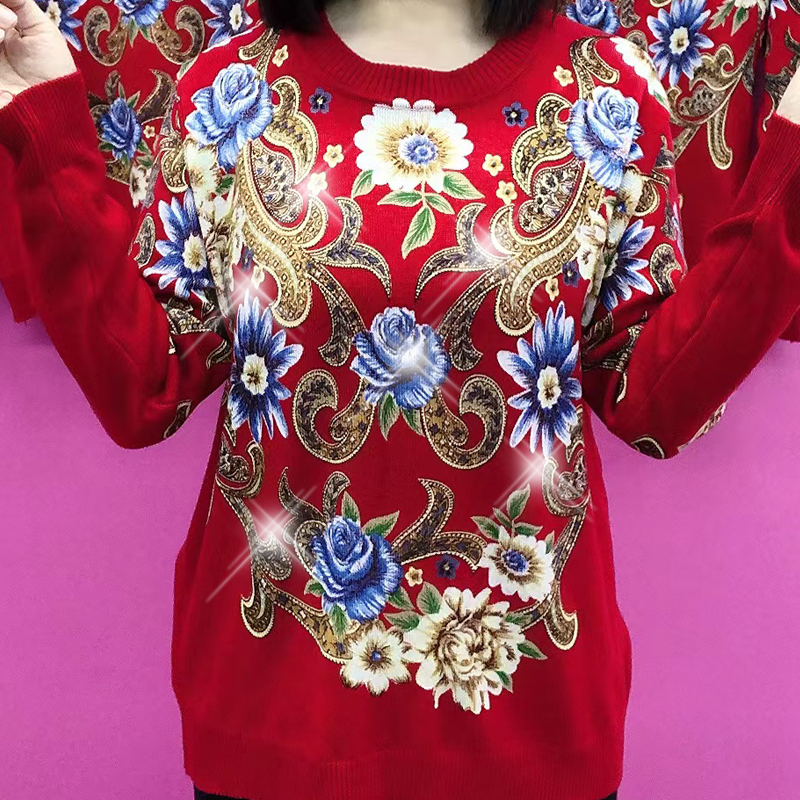 双面德绒时尚T恤民族风印花上衣宽松显瘦遮肚红色长袖打底衫女