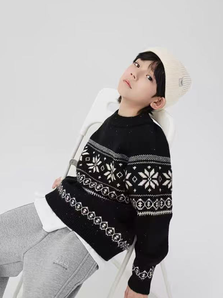 男童经典雪花毛衣圆领针织衫2025新款儿童加厚打底衫套头上衣童装