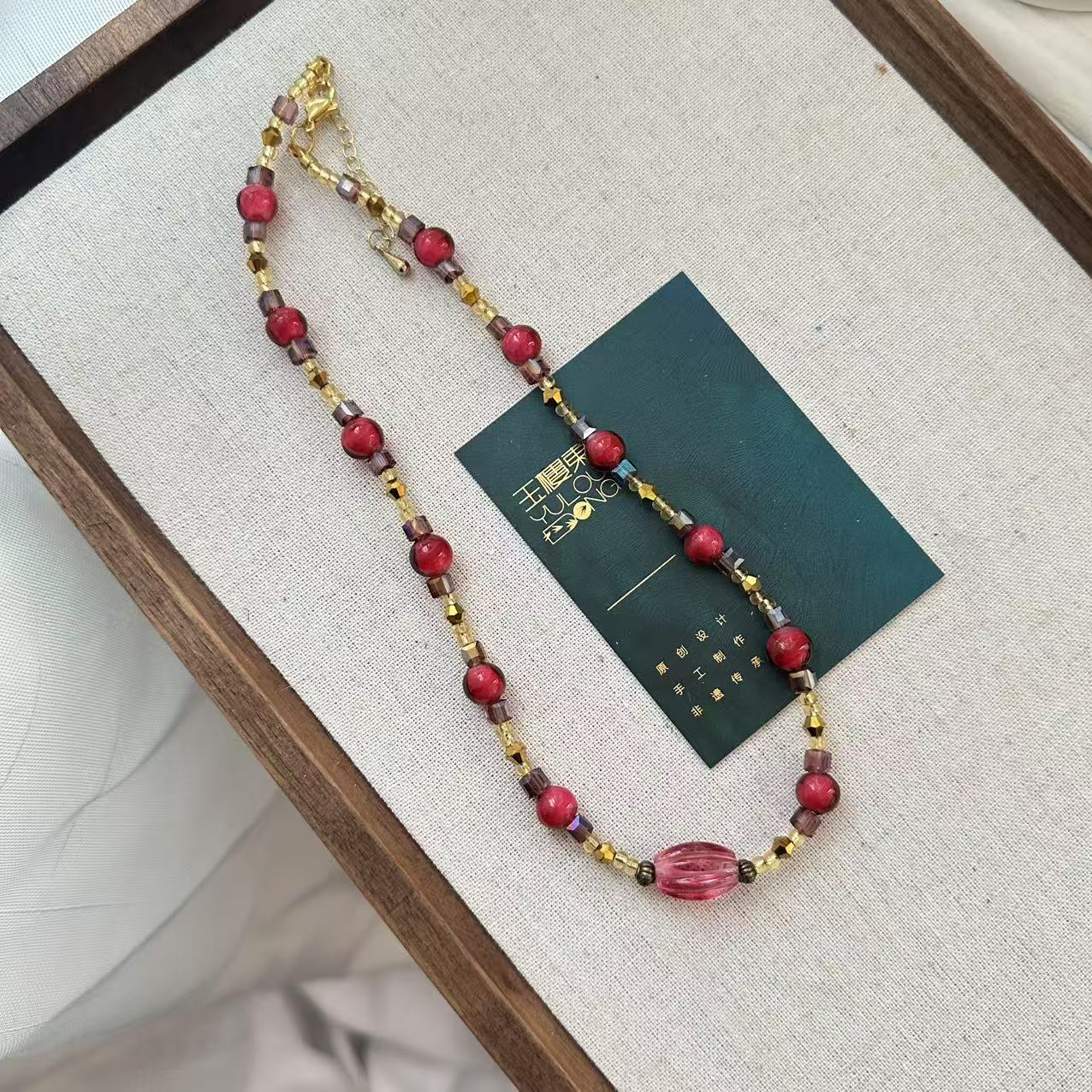 合金项链 （希媛专属清仓）QC028 金红料玫红小米珠琉璃项链
