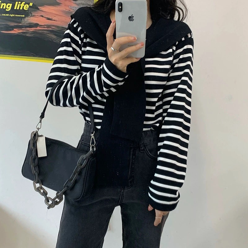 妮妮家A888慵懒宽松休闲条纹针织衫+简约百搭披肩两件套