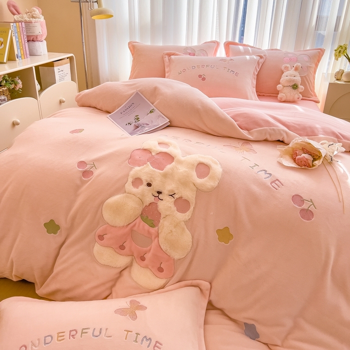 卡通贴布绣四件套冬季加厚牛奶绒欧式公主风四件套床单