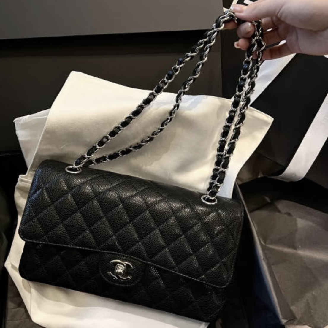 95新 Chanel/香奈儿 艾瑟尔中古/黑银荔枝经典cf中号单肩包/7422