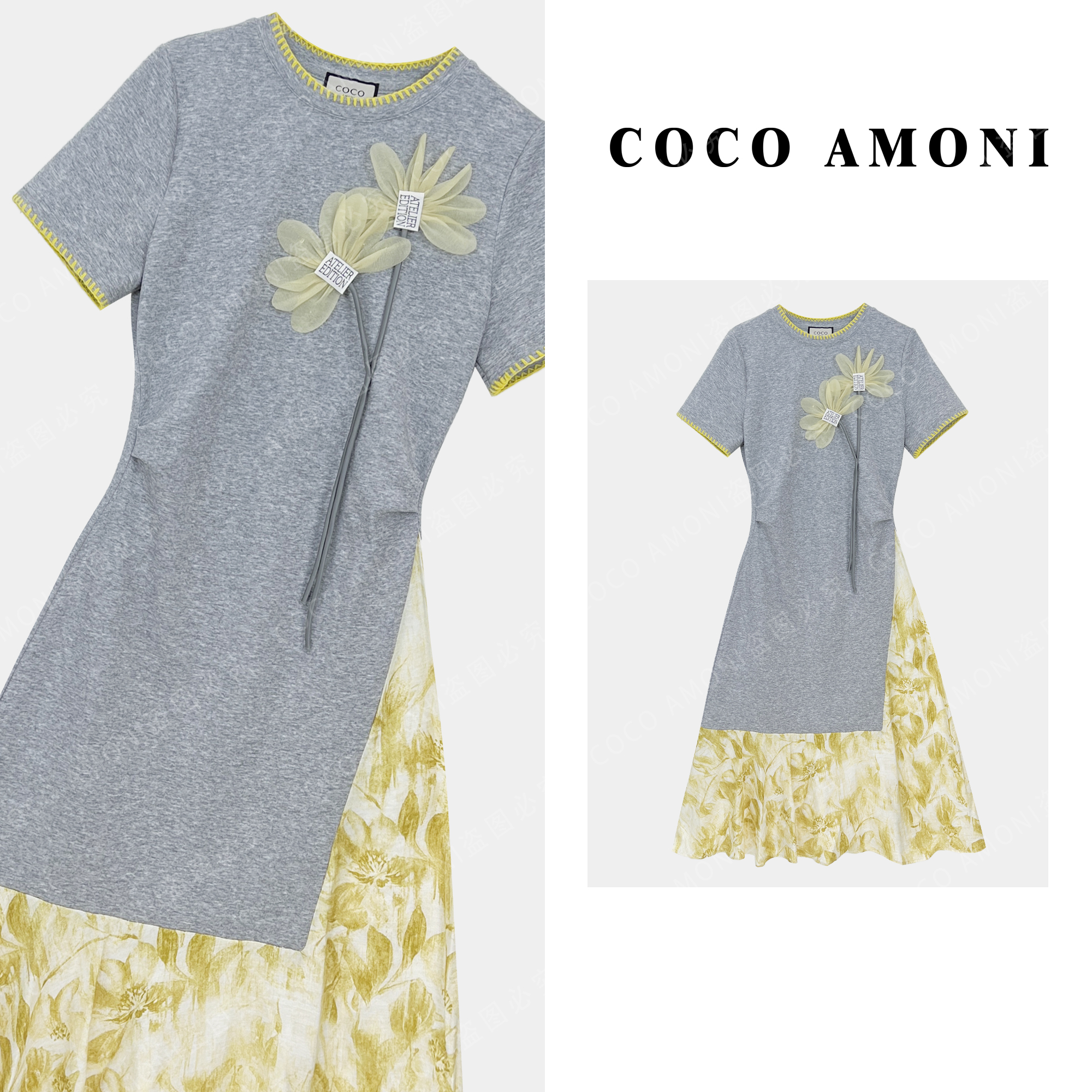 高级设计师夏日原创女装拼接重工立体花朵显瘦气质连衣裙ZC605