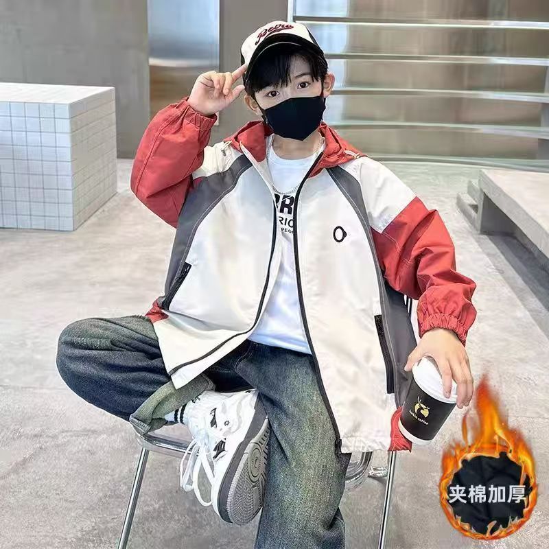 F01098男童秋冬季夹棉加厚冲锋衣外套2025中大童户外连帽韩版防风