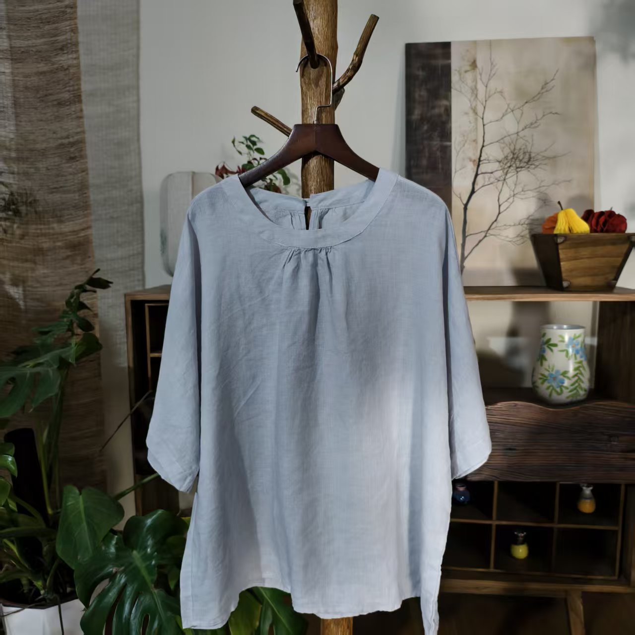 【大梅子推荐】设计款亚麻女神领上衣X3081