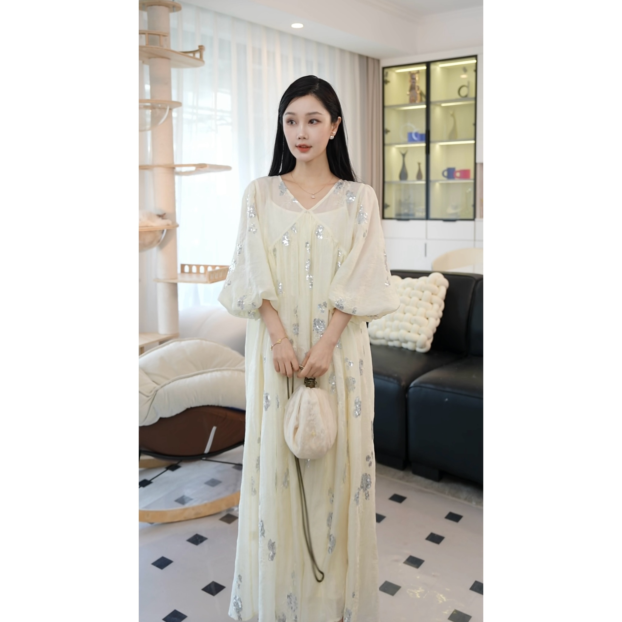 Mill Lin【栀花清梦】新款刺绣珠片清冷感千金风气质显瘦连衣裙