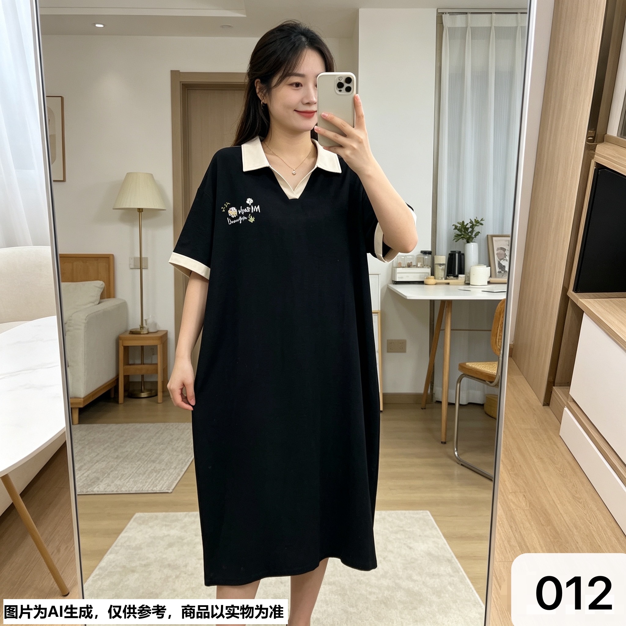 【Annie 012】春夏款polo领花瓣双面印花休闲弹性宽松大码显瘦长裙
