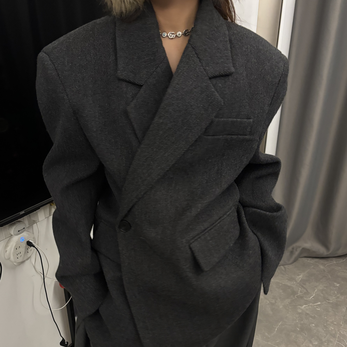 加棉超厚斜扣三色夹棉西装灰色绝绝绝