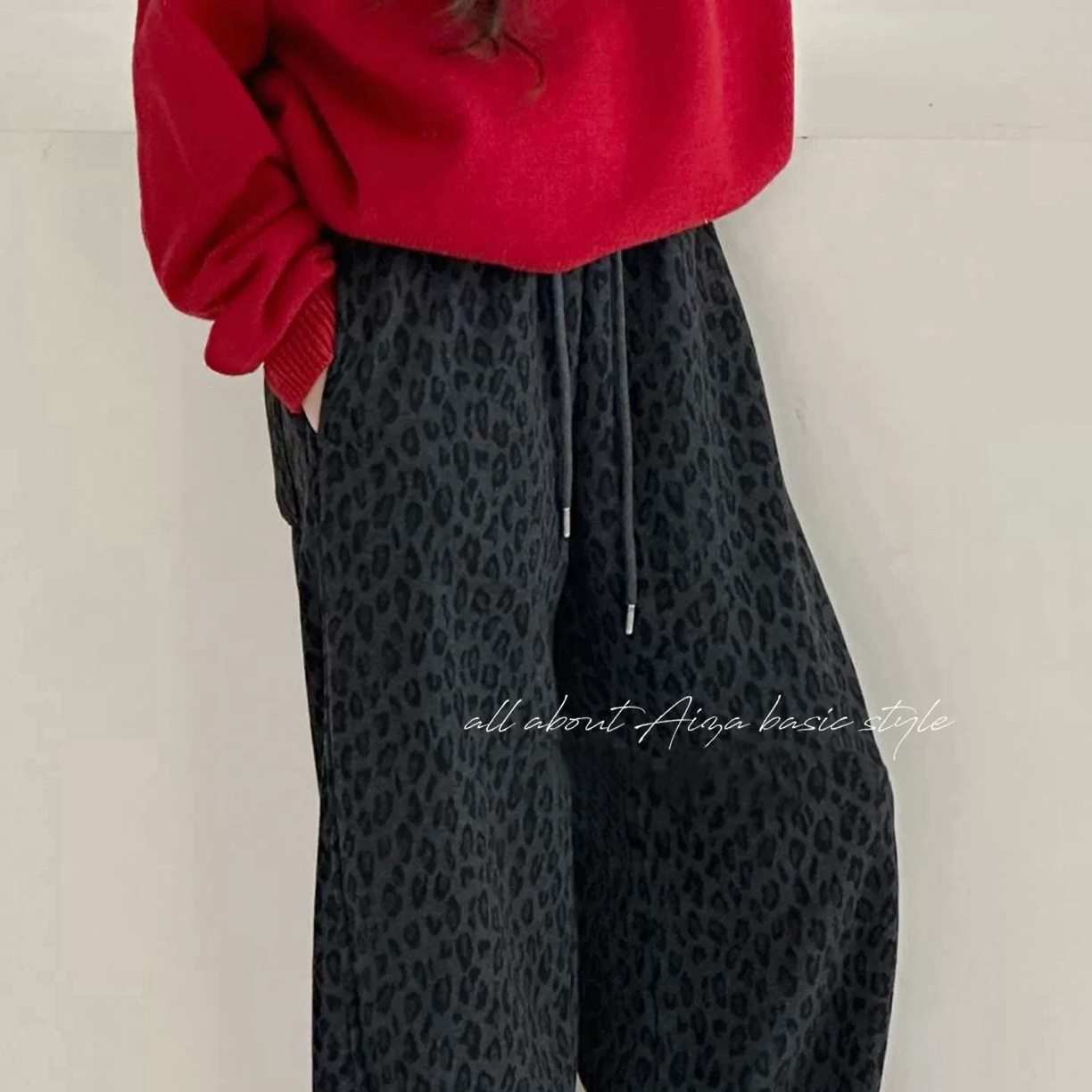 秋冬加绒加厚豹纹显瘦高腰阔腿休闲裤女