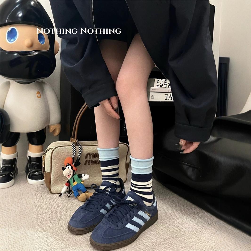 条纹袜子女春秋纯棉中筒袜双罗口拼色堆堆袜女ins潮长筒袜配裙子