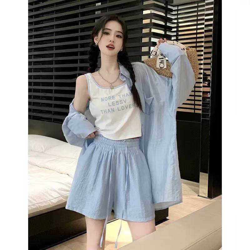 0125-时尚套装女夏季长袖宽松防晒衬衣胖MM吊带背心裤子三件套